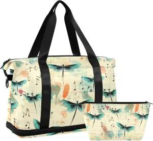 ALAZA Musical Notes Dragonfly Flowers Gym Bag Sports Duffel Bag with Shoes Compartment, Overnight Weekender Travel Tote Bag for Women Men Trip College