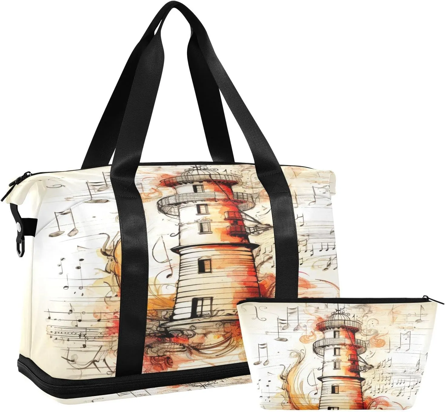 ALAZA Nautical Lighthouse Music Notes Gym Bag Sports Duffel Bag with Shoes Compartment, Overnight Weekender Travel Tote Bag for Women Men Trip College