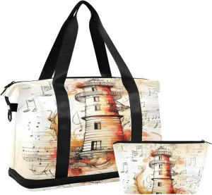 ALAZA Nautical Lighthouse Music Notes Gym Bag Sports Duffel Bag with Shoes Compartment, Overnight Weekender Travel Tote Bag for Women Men Trip College