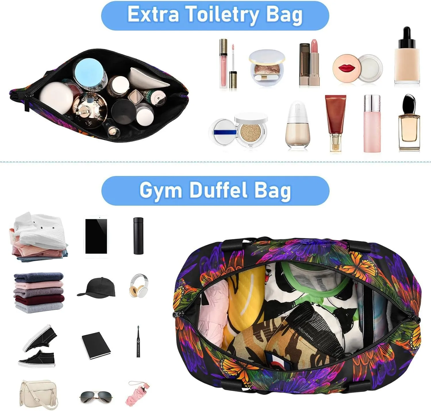ALAZA Neon Butterfly Flower Gym Bag Sports Duffel Bag with Shoes Compartment, Overnight Weekender Travel Tote Bag for Women Men Trip College