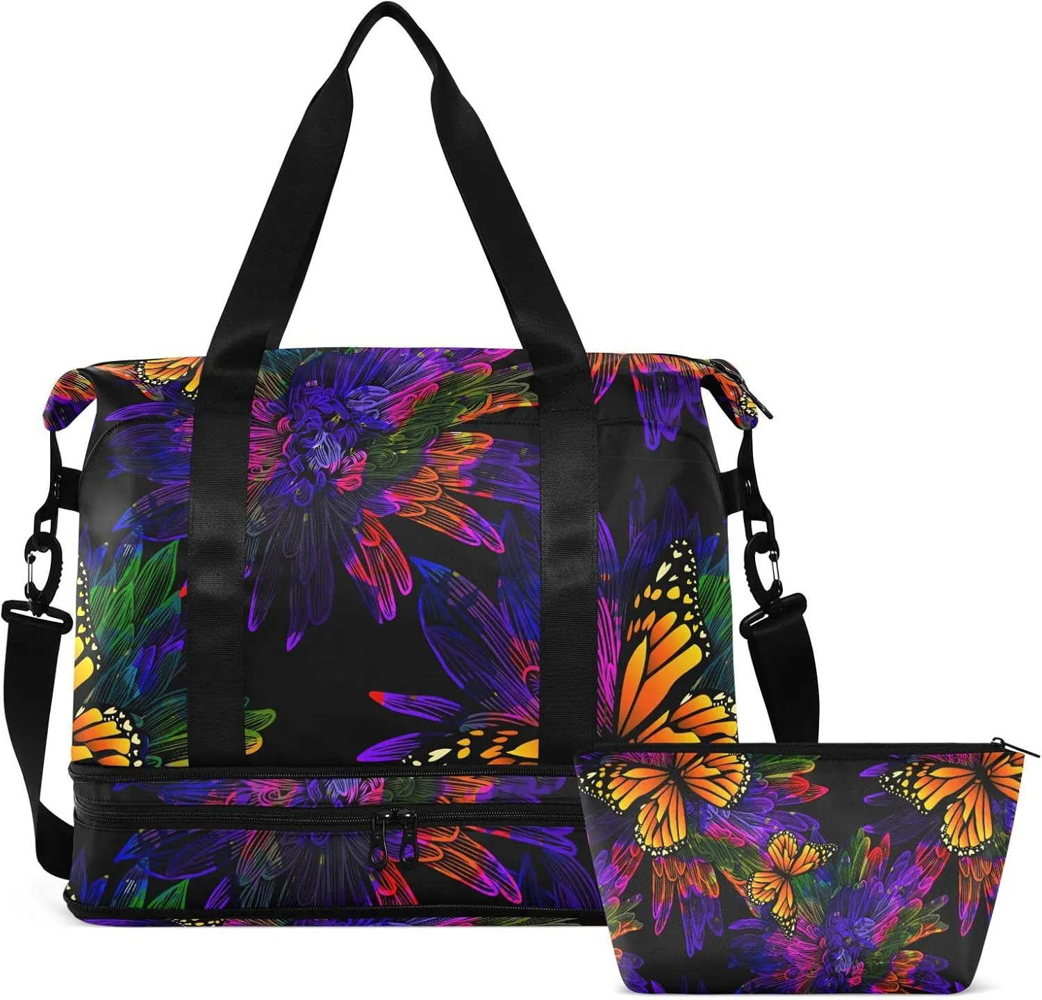 ALAZA Neon Butterfly Flower Gym Bag Sports Duffel Bag with Shoes Compartment, Overnight Weekender Travel Tote Bag for Women Men Trip College