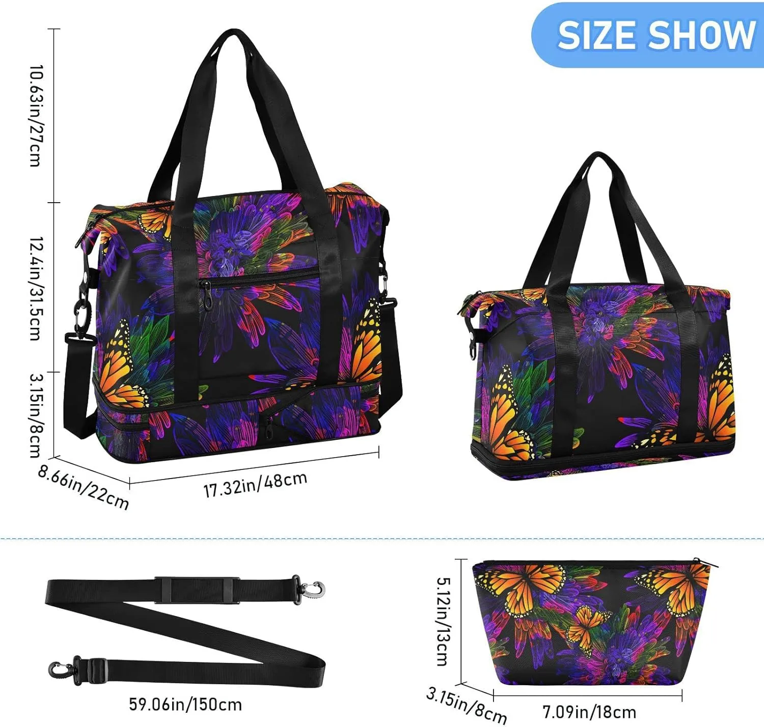 ALAZA Neon Butterfly Flower Gym Bag Sports Duffel Bag with Shoes Compartment, Overnight Weekender Travel Tote Bag for Women Men Trip College