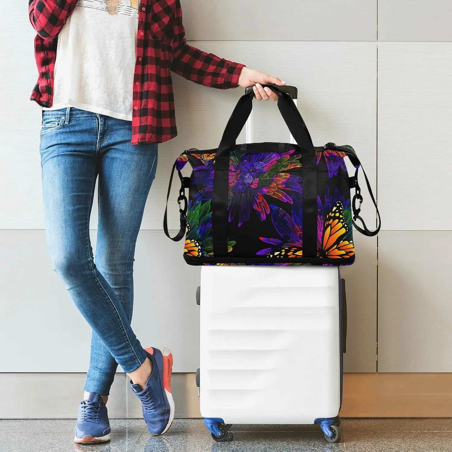 ALAZA Neon Butterfly Flower Gym Bag Sports Duffel Bag with Shoes Compartment, Overnight Weekender Travel Tote Bag for Women Men Trip College