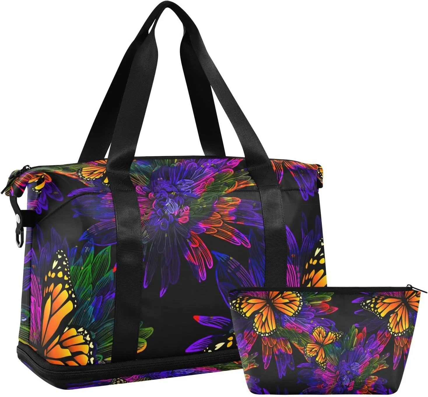 ALAZA Neon Butterfly Flower Gym Bag Sports Duffel Bag with Shoes Compartment, Overnight Weekender Travel Tote Bag for Women Men Trip College