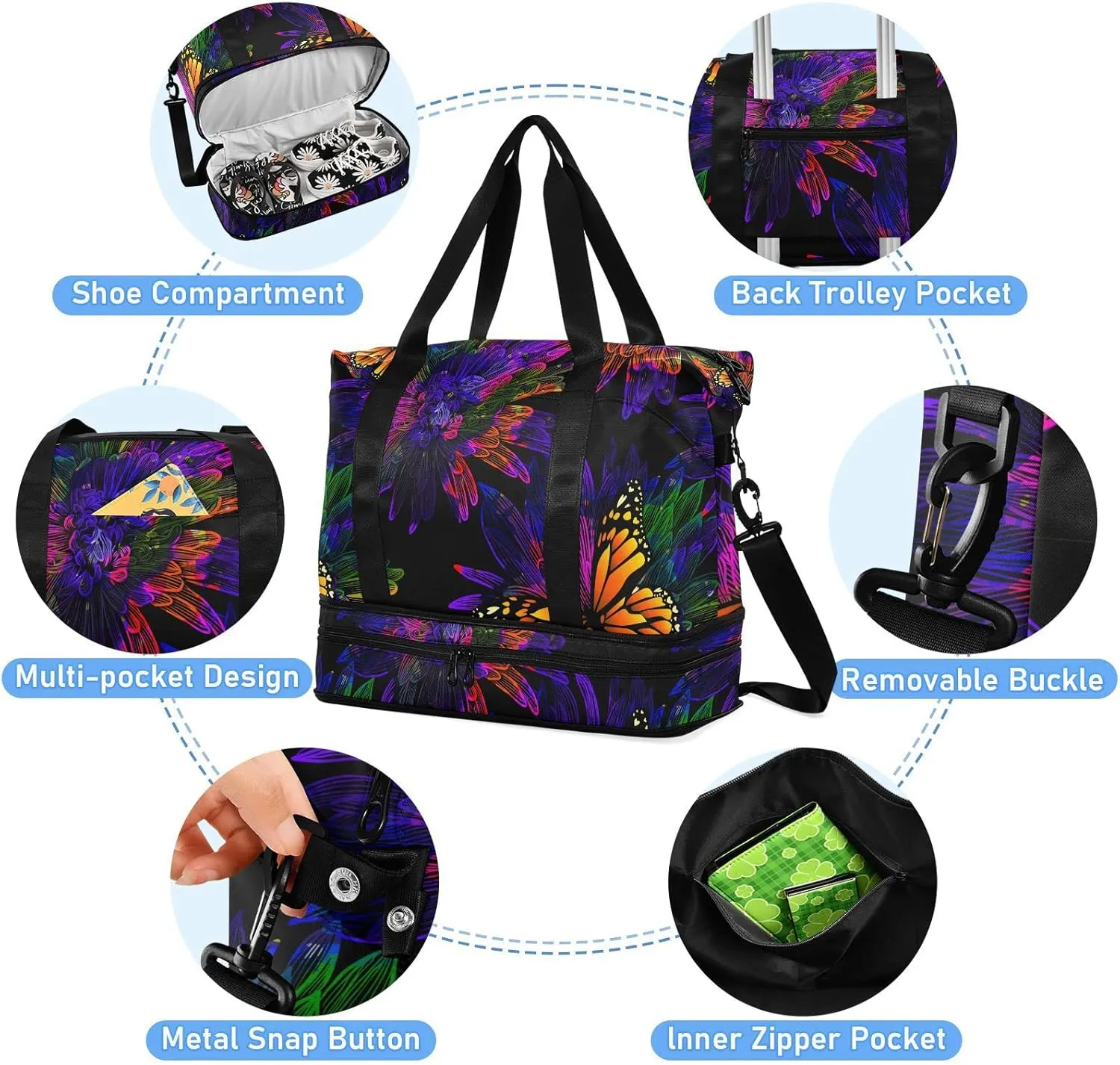 ALAZA Neon Butterfly Flower Gym Bag Sports Duffel Bag with Shoes Compartment, Overnight Weekender Travel Tote Bag for Women Men Trip College