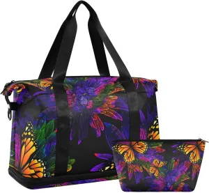 ALAZA Neon Butterfly Flower Gym Bag Sports Duffel Bag with Shoes Compartment, Overnight Weekender Travel Tote Bag for Women Men Trip College
