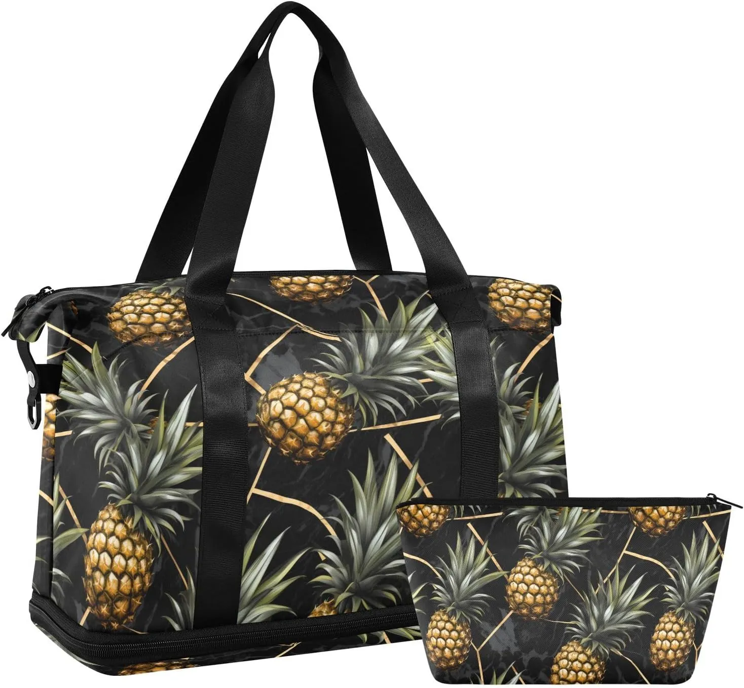ALAZA Pineapples Black Marble Gym Bag Sports Duffel Bag with Shoes Compartment, Overnight Weekender Travel Tote Bag for Women Men Trip College