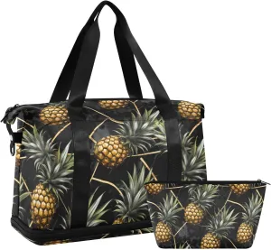 ALAZA Pineapples Black Marble Gym Bag Sports Duffel Bag with Shoes Compartment, Overnight Weekender Travel Tote Bag for Women Men Trip College