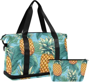 ALAZA Pineapples Green Leaves Gym Bag Sports Duffel Bag with Shoes Compartment, Overnight Weekender Travel Tote Bag for Women Men Trip College
