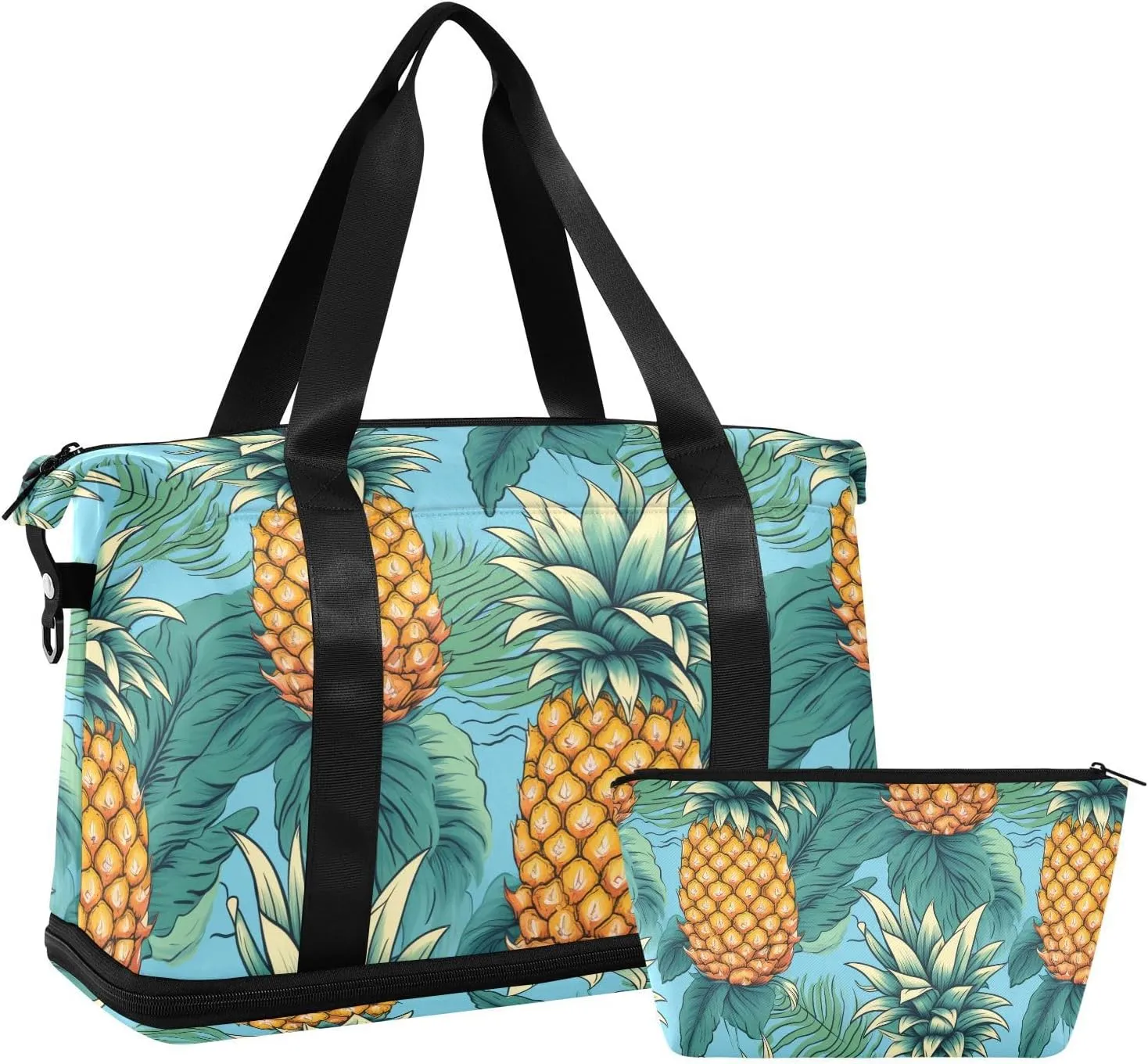 ALAZA Pineapples Green Leaves Gym Bag Sports Duffel Bag with Shoes Compartment, Overnight Weekender Travel Tote Bag for Women Men Trip College