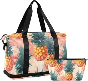ALAZA Pineapples Pink Marble Gym Bag Sports Duffel Bag with Shoes Compartment, Overnight Weekender Travel Tote Bag for Women Men Trip College
