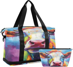 ALAZA Rainbow Color Cow Gym Bag Sports Duffel Bag with Shoes Compartment, Overnight Weekender Travel Tote Bag for Women Men Trip College