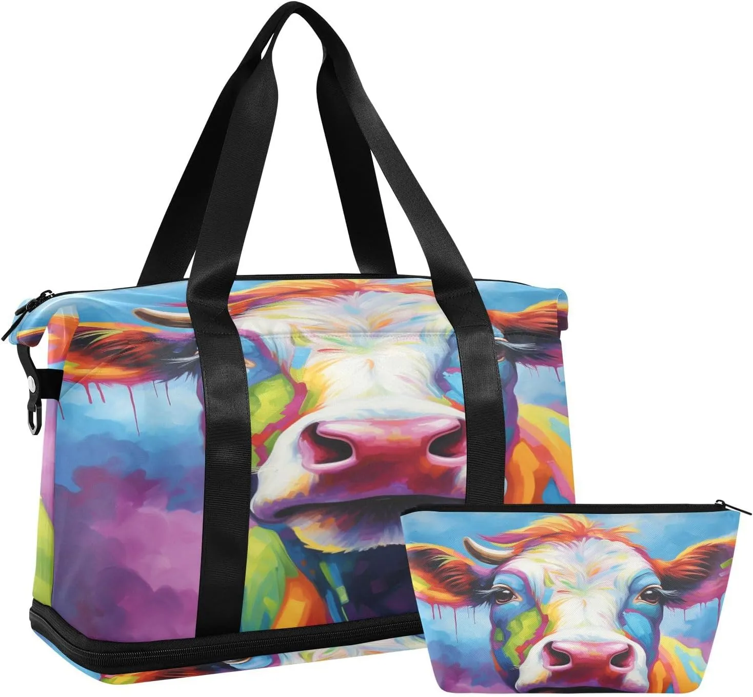 ALAZA Rainbow Color Cow Gym Bag Sports Duffel Bag with Shoes Compartment, Overnight Weekender Travel Tote Bag for Women Men Trip College