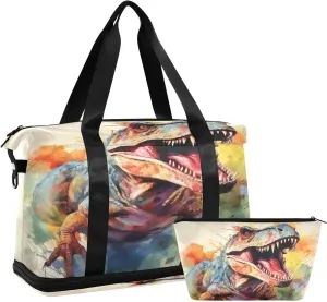 ALAZA Rainbow Color Dinosaur Gym Bag Sports Duffel Bag with Shoes Compartment, Overnight Weekender Travel Tote Bag for Women Men Trip College