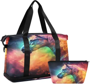 ALAZA Rainbow Color Horse Gym Bag Sports Duffel Bag with Shoes Compartment, Overnight Weekender Travel Tote Bag for Women Men Trip College