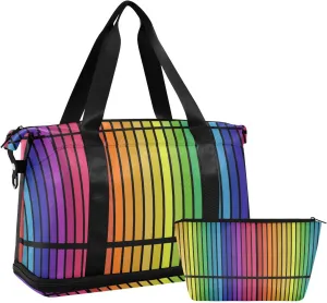ALAZA Rainbow Color Stripes Gym Bag Sports Duffel Bag with Shoes Compartment, Overnight Weekender Travel Tote Bag for Women Men Trip College