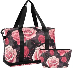 ALAZA Red Rose Geometric Gym Bag Sports Duffel Bag with Shoes Compartment, Overnight Weekender Travel Tote Bag for Women Men Trip College