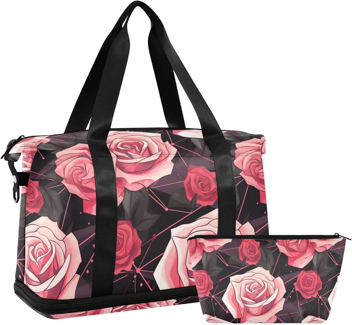 ALAZA Red Rose Geometric Gym Bag Sports Duffel Bag with Shoes Compartment, Overnight Weekender Travel Tote Bag for Women Men Trip College