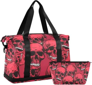 ALAZA Red Skull Vintage Gym Bag Sports Duffel Bag with Shoes Compartment, Overnight Weekender Travel Tote Bag for Women Men Trip College
