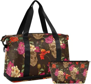 ALAZA Retro Skull Floral Gym Bag Sports Duffel Bag with Shoes Compartment, Overnight Weekender Travel Tote Bag for Women Men Trip College