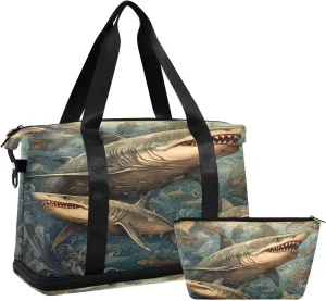 ALAZA Retro Style Sharks Gym Bag Sports Duffel Bag with Shoes Compartment, Overnight Weekender Travel Tote Bag for Women Men Trip College