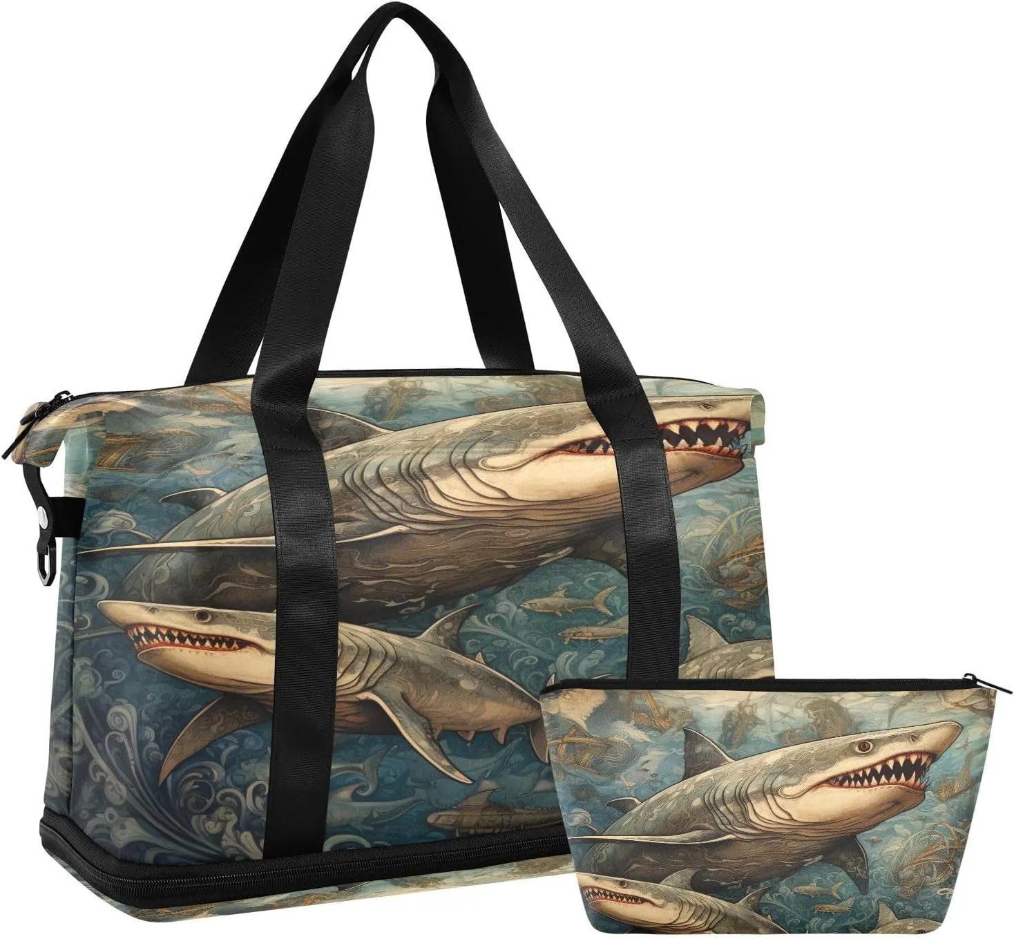 ALAZA Retro Style Sharks Gym Bag Sports Duffel Bag with Shoes Compartment, Overnight Weekender Travel Tote Bag for Women Men Trip College