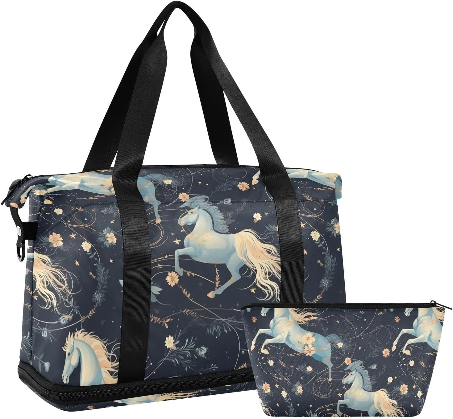 ALAZA Romantic Horse Flowers Gym Bag Sports Duffel Bag with Shoes Compartment, Overnight Weekender Travel Tote Bag for Women Men Trip College
