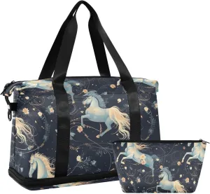 ALAZA Romantic Horse Flowers Gym Bag Sports Duffel Bag with Shoes Compartment, Overnight Weekender Travel Tote Bag for Women Men Trip College