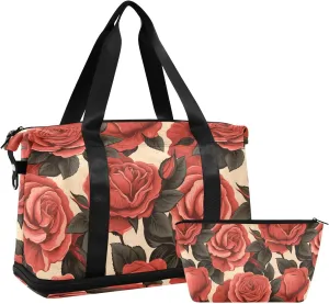 ALAZA Rose on Beige Background Gym Bag Sports Duffel Bag with Shoes Compartment, Overnight Weekender Travel Tote Bag for Women Men Trip College