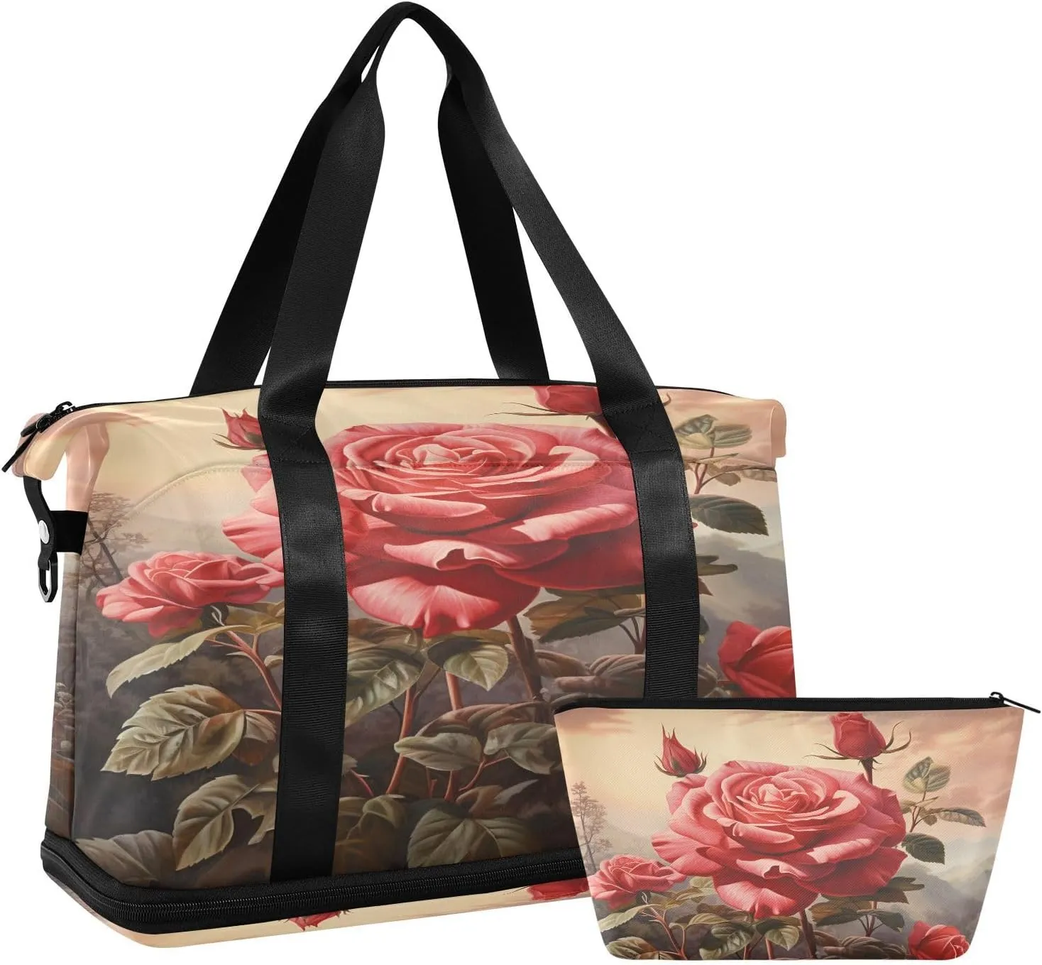 ALAZA Roses and Mountain Gym Bag Sports Duffel Bag with Shoes Compartment, Overnight Weekender Travel Tote Bag for Women Men Trip College