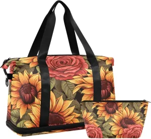 ALAZA Roses and Sunflowers Gym Bag Sports Duffel Bag with Shoes Compartment, Overnight Weekender Travel Tote Bag for Women Men Trip College