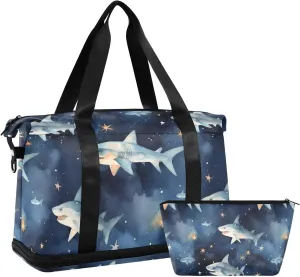 ALAZA Sharks Fishes Stars Gym Bag Sports Duffel Bag with Shoes Compartment, Overnight Weekender Travel Tote Bag for Women Men Trip College