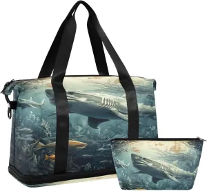 ALAZA Sharks Seaweed Fishes Gym Bag Sports Duffel Bag with Shoes Compartment, Overnight Weekender Travel Tote Bag for Women Men Trip College