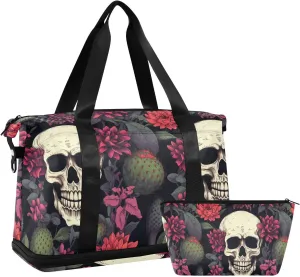 ALAZA Skull Flowers Cactus Gym Bag Sports Duffel Bag with Shoes Compartment, Overnight Weekender Travel Tote Bag for Women Men Trip College