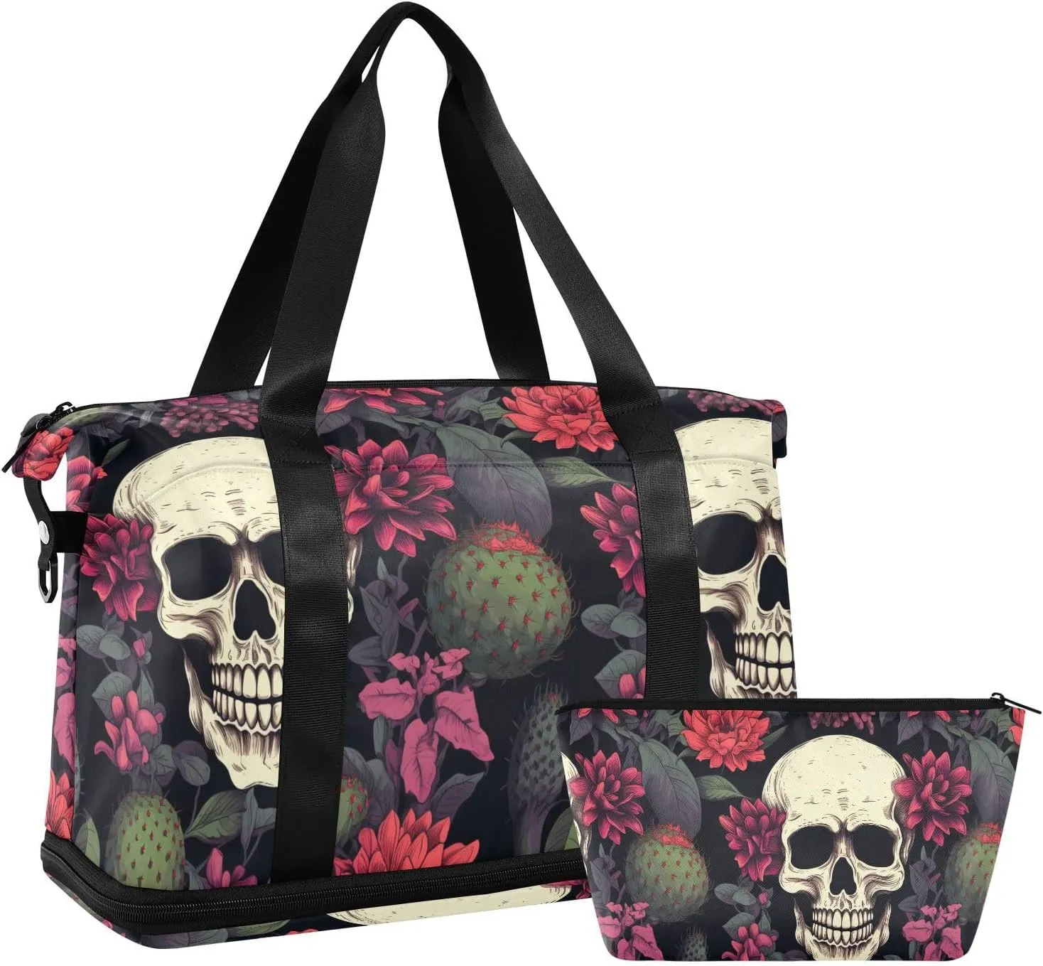 ALAZA Skull Flowers Cactus Gym Bag Sports Duffel Bag with Shoes Compartment, Overnight Weekender Travel Tote Bag for Women Men Trip College