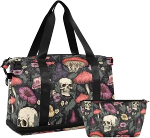 ALAZA Skull Flowers Mushroom Gym Bag Sports Duffel Bag with Shoes Compartment, Overnight Weekender Travel Tote Bag for Women Men Trip College
