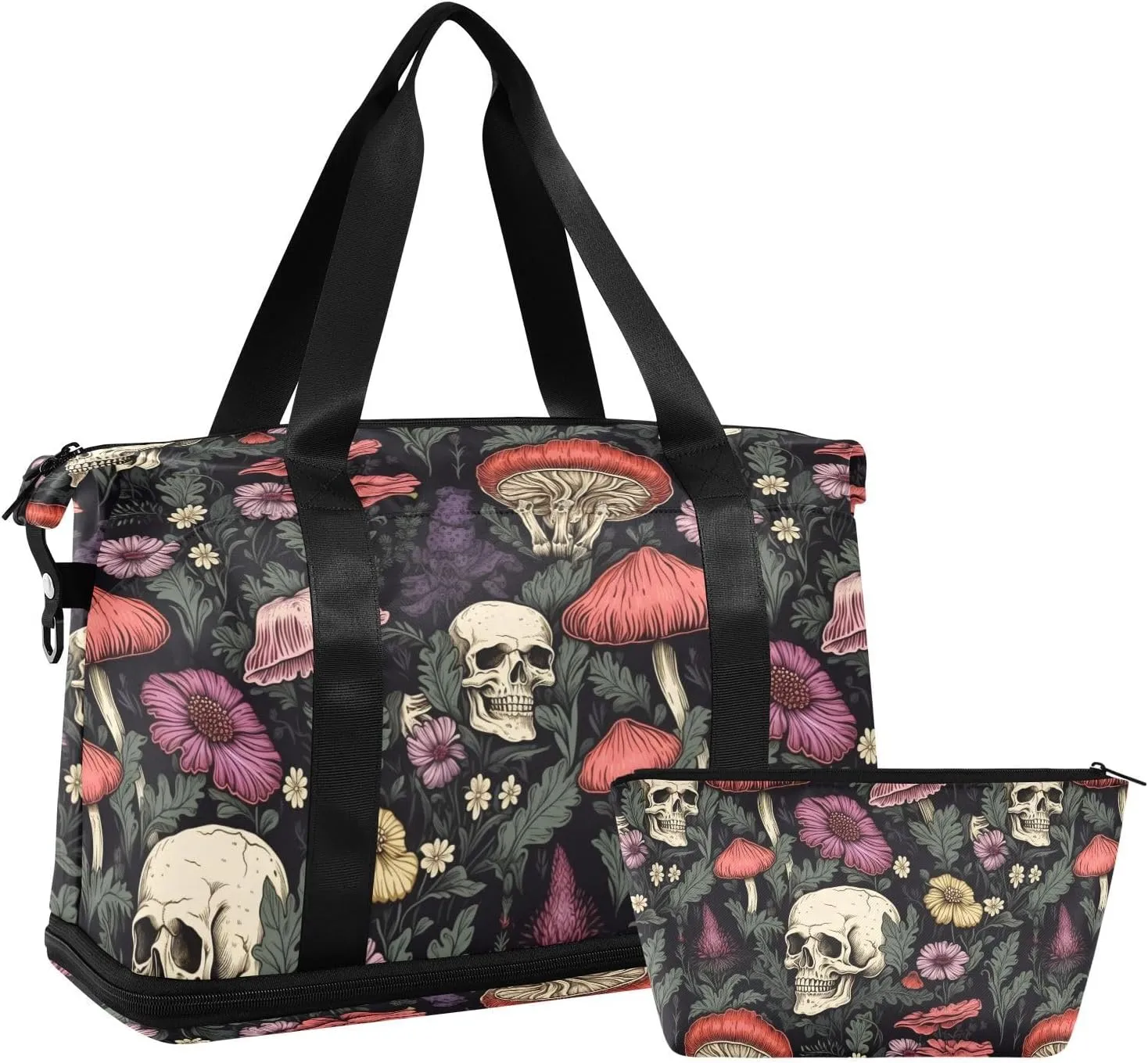 ALAZA Skull Flowers Mushroom Gym Bag Sports Duffel Bag with Shoes Compartment, Overnight Weekender Travel Tote Bag for Women Men Trip College