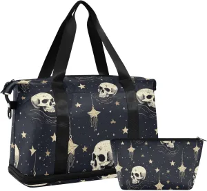 ALAZA Skull Moon Stars Gym Bag Sports Duffel Bag with Shoes Compartment, Overnight Weekender Travel Tote Bag for Women Men Trip College