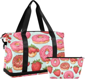 ALAZA Strawberries and Donuts Gym Bag Sports Duffel Bag with Shoes Compartment, Overnight Weekender Travel Tote Bag for Women Men Trip College