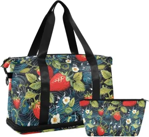ALAZA Strawberries Music Notes Gym Bag Sports Duffel Bag with Shoes Compartment, Overnight Weekender Travel Tote Bag for Women Men Trip College