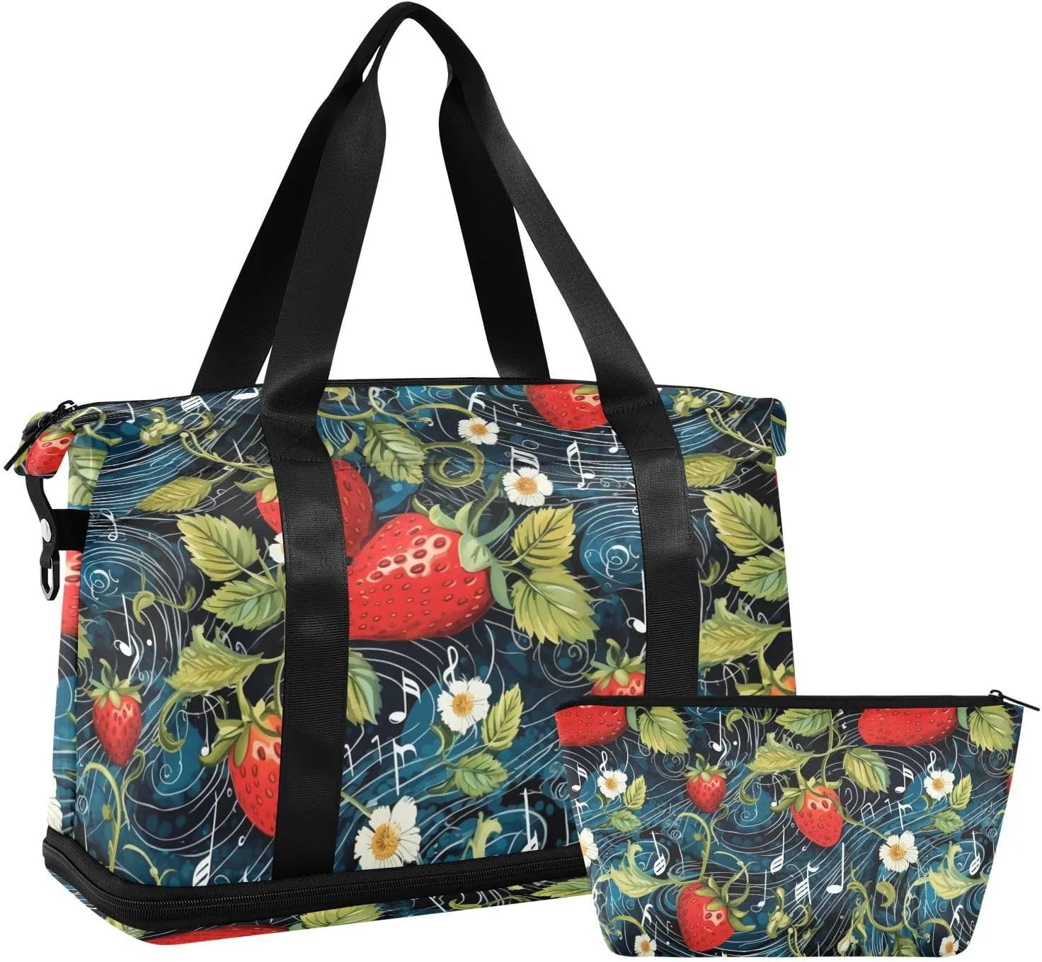 ALAZA Strawberries Music Notes Gym Bag Sports Duffel Bag with Shoes Compartment, Overnight Weekender Travel Tote Bag for Women Men Trip College