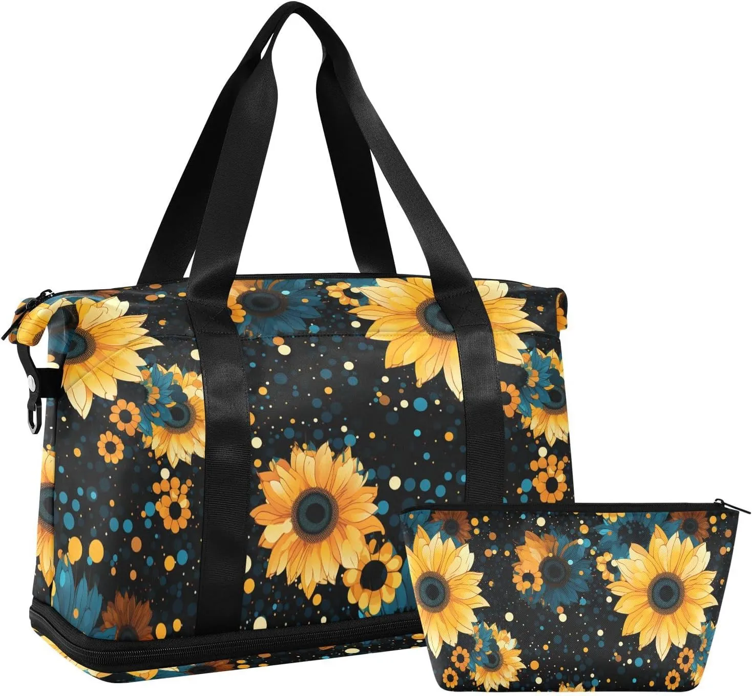 ALAZA Sunflower Polka Dots Gym Bag Sports Duffel Bag with Shoes Compartment, Overnight Weekender Travel Tote Bag for Women Men Trip College