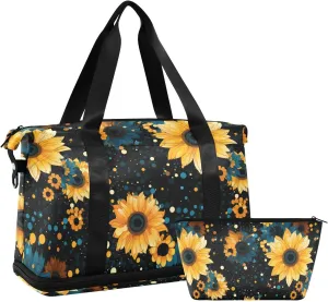 ALAZA Sunflower Polka Dots Gym Bag Sports Duffel Bag with Shoes Compartment, Overnight Weekender Travel Tote Bag for Women Men Trip College