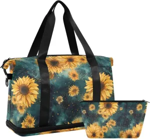 ALAZA Sunflowers Blue Starry Gym Bag Sports Duffel Bag with Shoes Compartment, Overnight Weekender Travel Tote Bag for Women Men Trip College