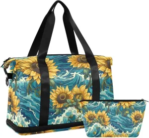 ALAZA Sunflowers Blue Waves Gym Bag Sports Duffel Bag with Shoes Compartment, Overnight Weekender Travel Tote Bag for Women Men Trip College