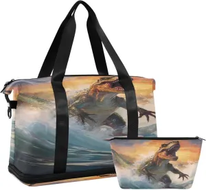 ALAZA Surfing Dinosaur Sunset Gym Bag Sports Duffel Bag with Shoes Compartment, Overnight Weekender Travel Tote Bag for Women Men Trip College