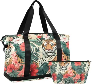 ALAZA Tiger and Flowers Gym Bag Sports Duffel Bag with Shoes Compartment, Overnight Weekender Travel Tote Bag for Women Men Trip College