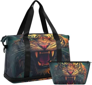 ALAZA Tiger and Leaves Gym Bag Sports Duffel Bag with Shoes Compartment, Overnight Weekender Travel Tote Bag for Women Men Trip College