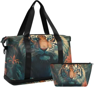 ALAZA Tiger Tropical Leaves Gym Bag Sports Duffel Bag with Shoes Compartment, Overnight Weekender Travel Tote Bag for Women Men Trip College