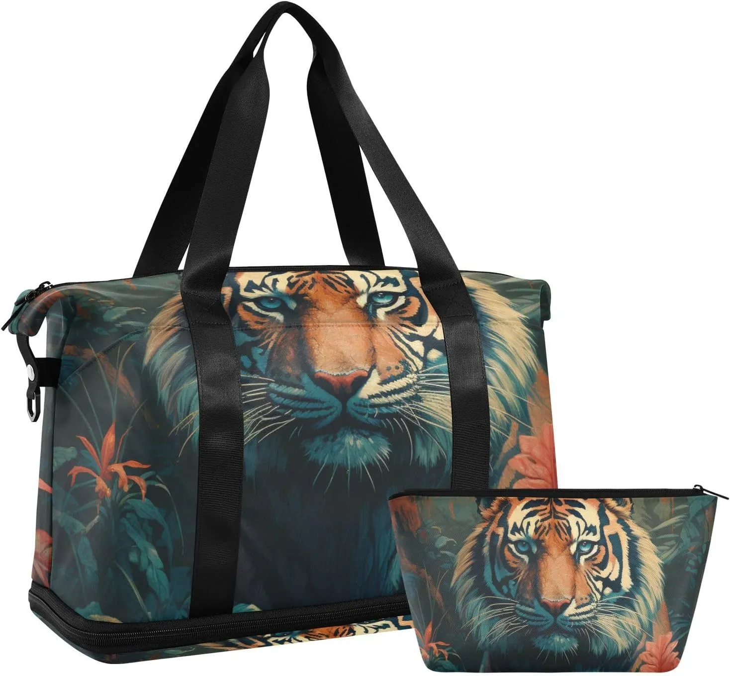 ALAZA Tiger Tropical Leaves Gym Bag Sports Duffel Bag with Shoes Compartment, Overnight Weekender Travel Tote Bag for Women Men Trip College